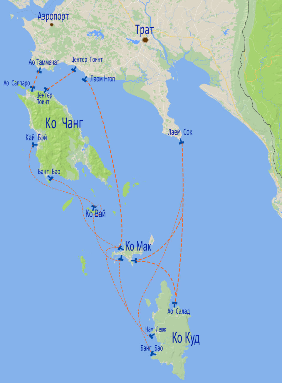 Карта маршрутов паром и лодок на Ко Чанге